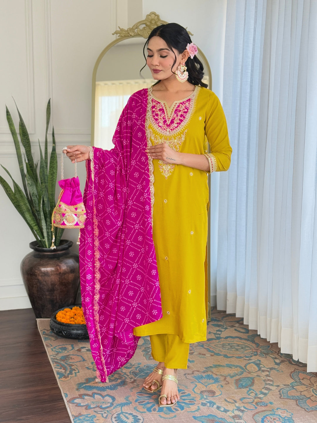 The52 Women's Embroidered Viscose Fabric Straight Kurta, Pant and Dupatta Set - Distacart