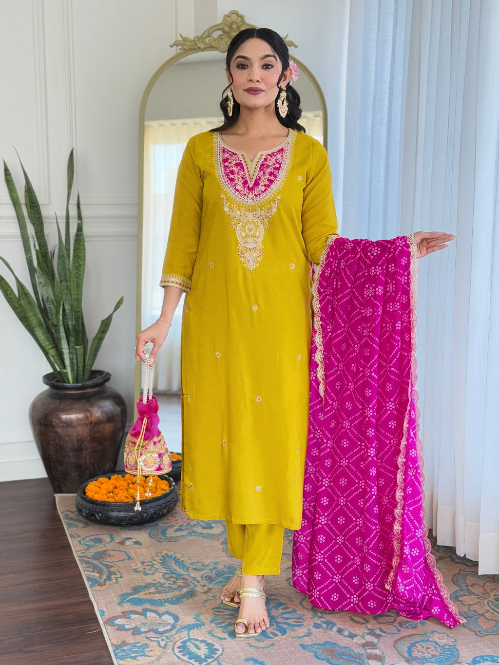 The52 Women's Embroidered Viscose Fabric Straight Kurta, Pant and Dupatta Set - Distacart