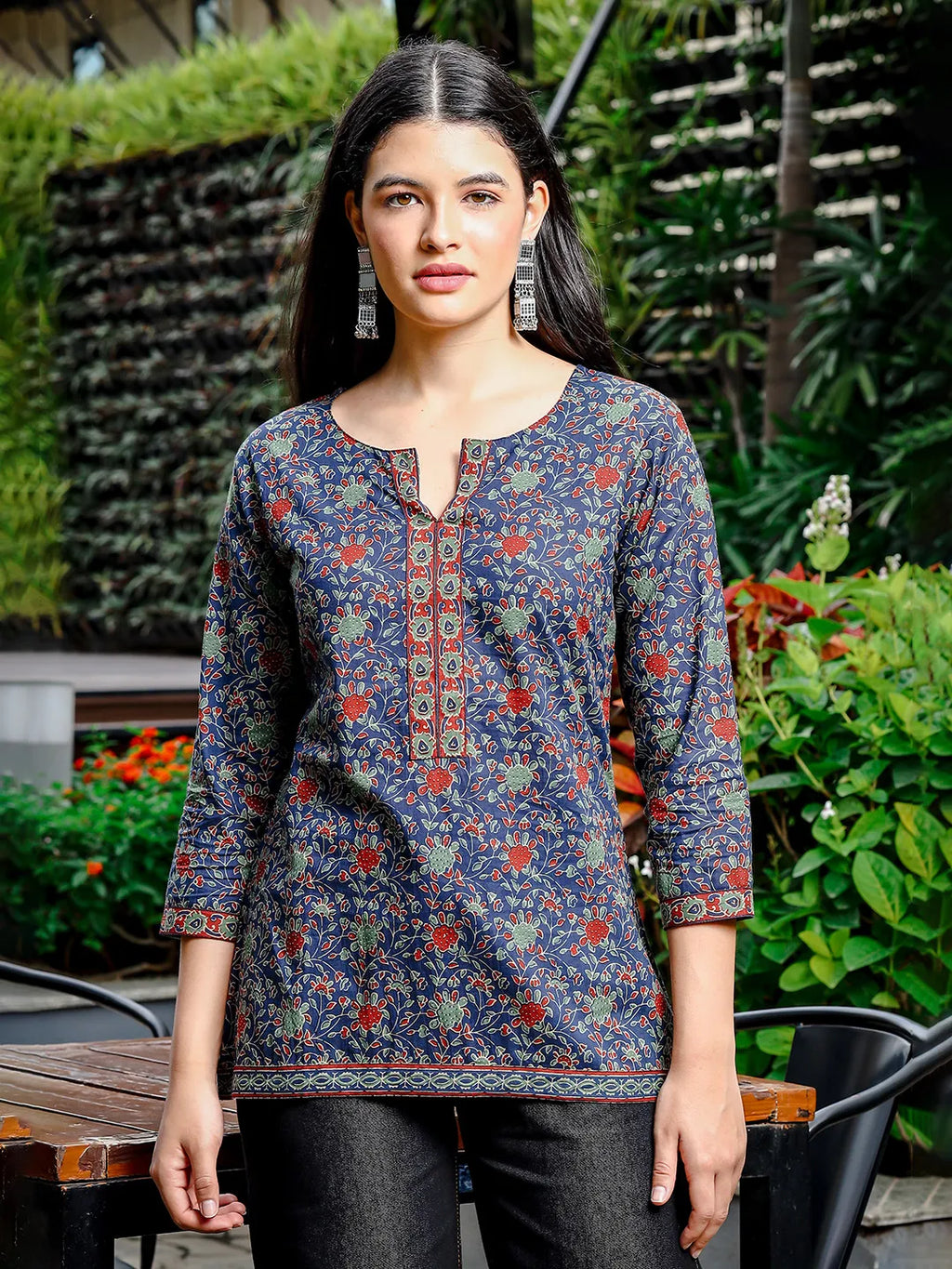 Yufta Blue Cotton Ethnic Motifs Regular Top