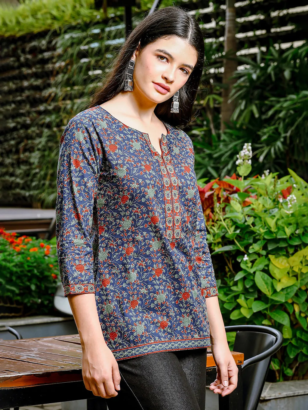 Yufta Blue Cotton Ethnic Motifs Regular Top