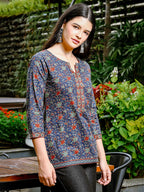 Yufta Blue Cotton Ethnic Motifs Regular Top