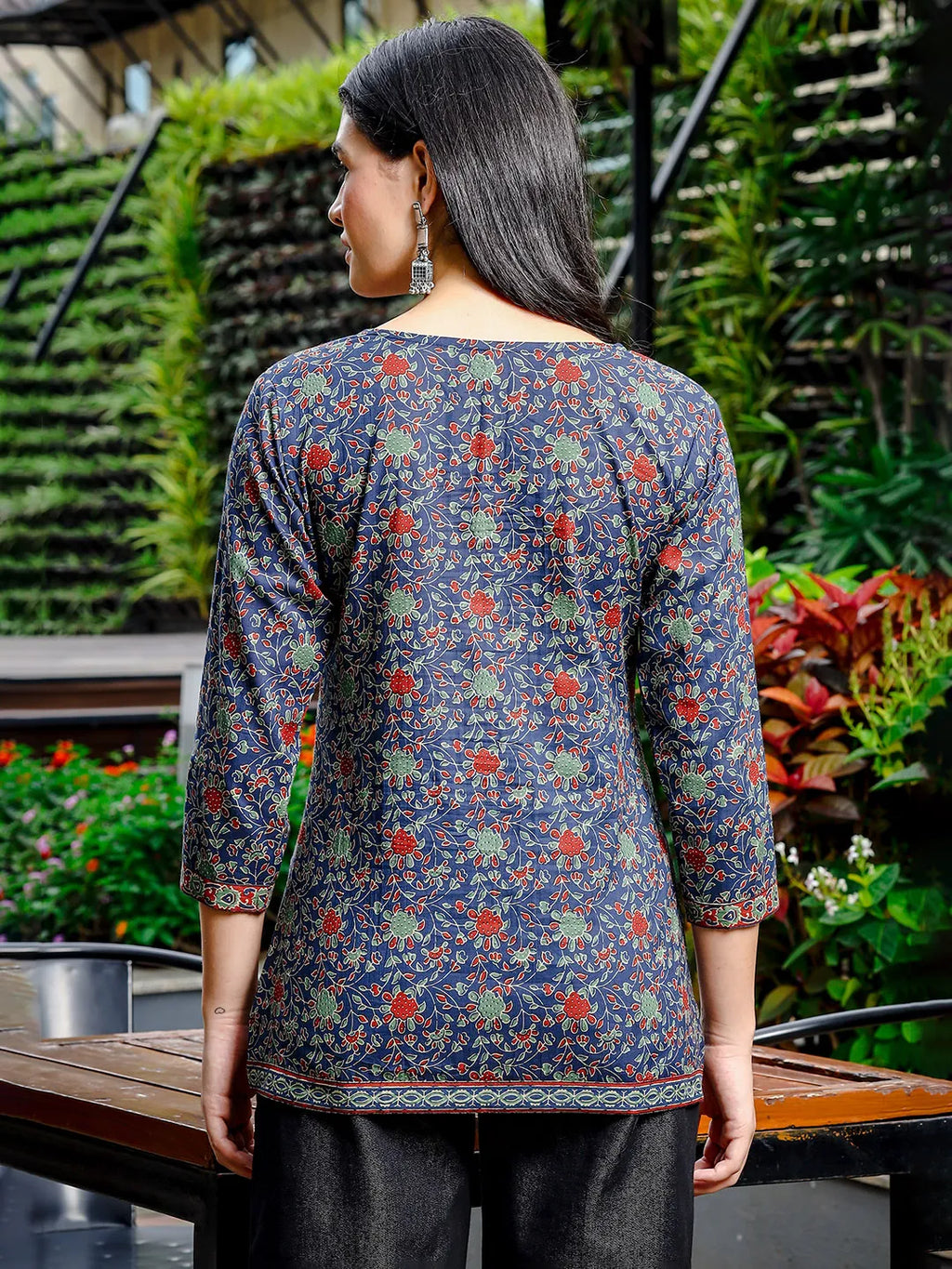 Yufta Blue Cotton Ethnic Motifs Regular Top