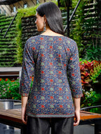 Yufta Blue Cotton Ethnic Motifs Regular Top