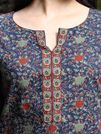 Yufta Blue Cotton Ethnic Motifs Regular Top