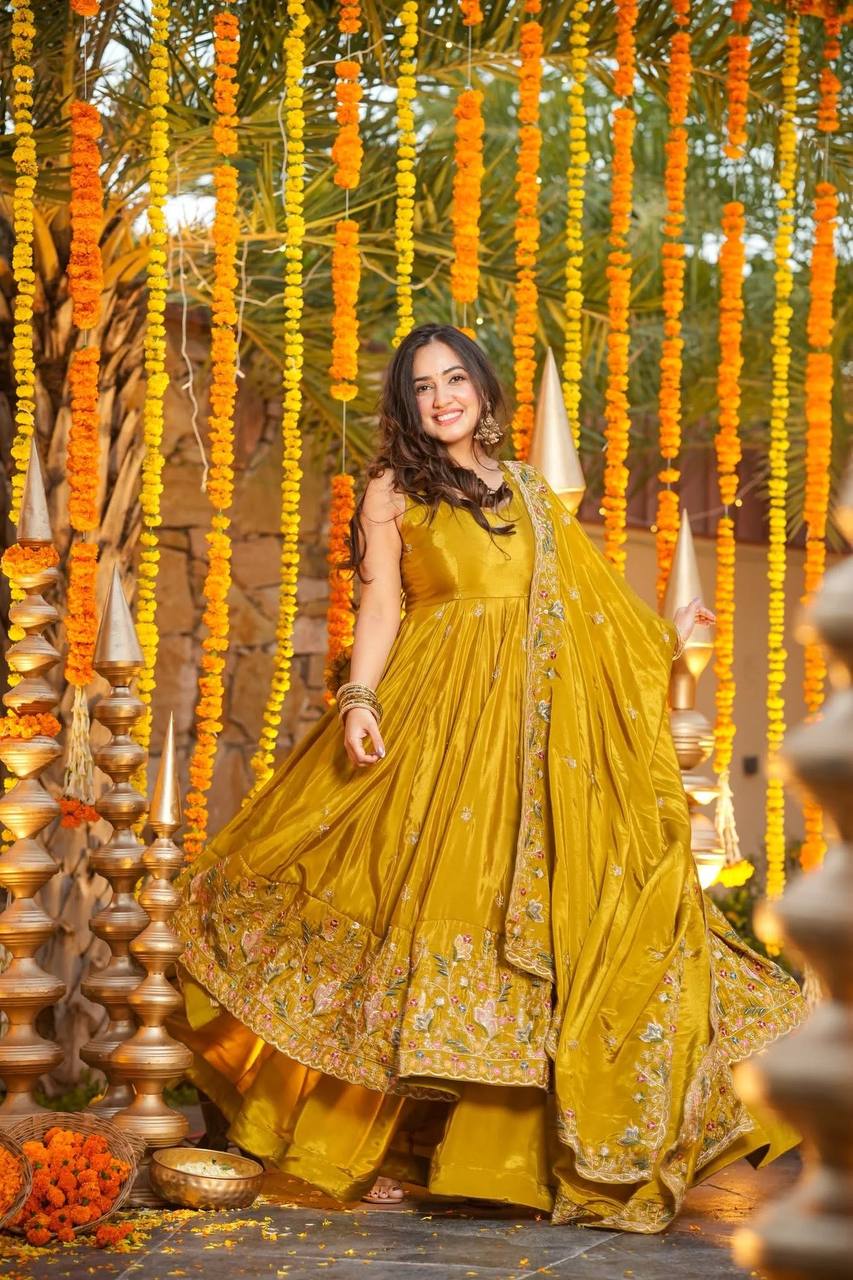 Yash Enterprise Yellow Silk Party Wear Embroidery Anarkali Suit Set - Distacart