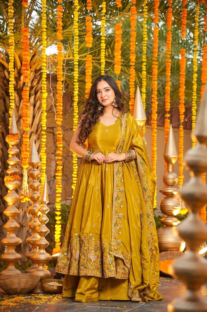 Yash Enterprise Yellow Silk Party Wear Embroidery Anarkali Suit Set - Distacart