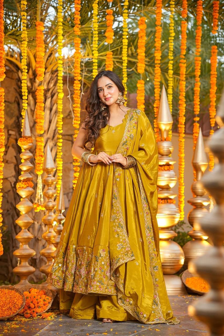 Yash Enterprise Yellow Silk Party Wear Embroidery Anarkali Suit Set - Distacart