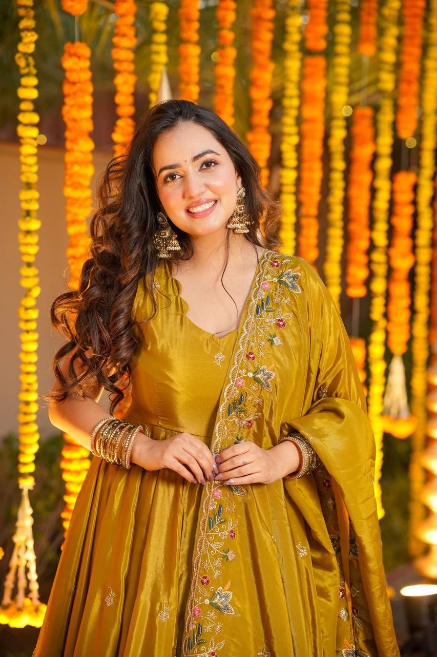 Yash Enterprise Yellow Silk Party Wear Embroidery Anarkali Suit Set - Distacart