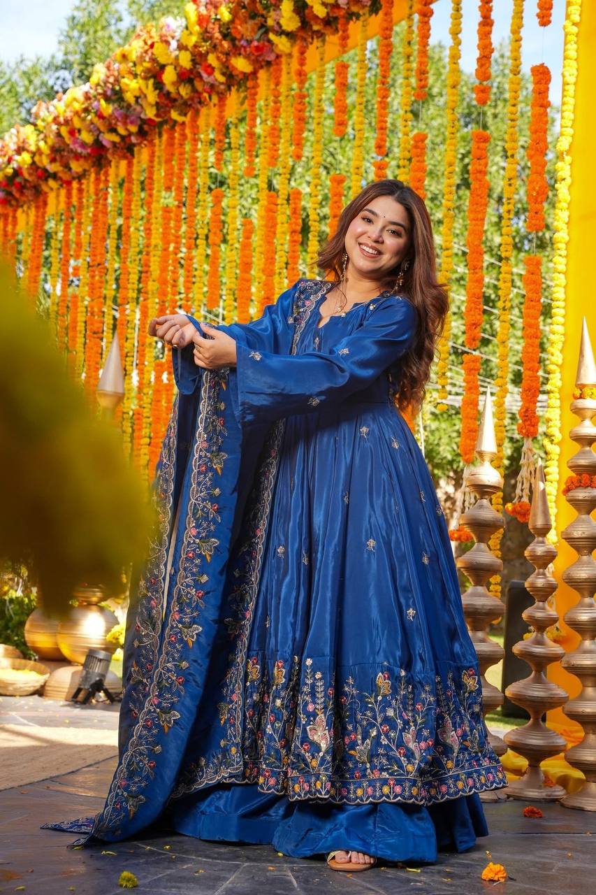 Yash Enterprise Blue Silk Party Wear Embroidery Anarkali Suit Set - Distacart