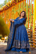Yash Enterprise Blue Silk Party Wear Embroidery Anarkali Suit Set - Distacart