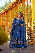 Yash Enterprise Blue Silk Party Wear Embroidery Anarkali Suit Set - Distacart