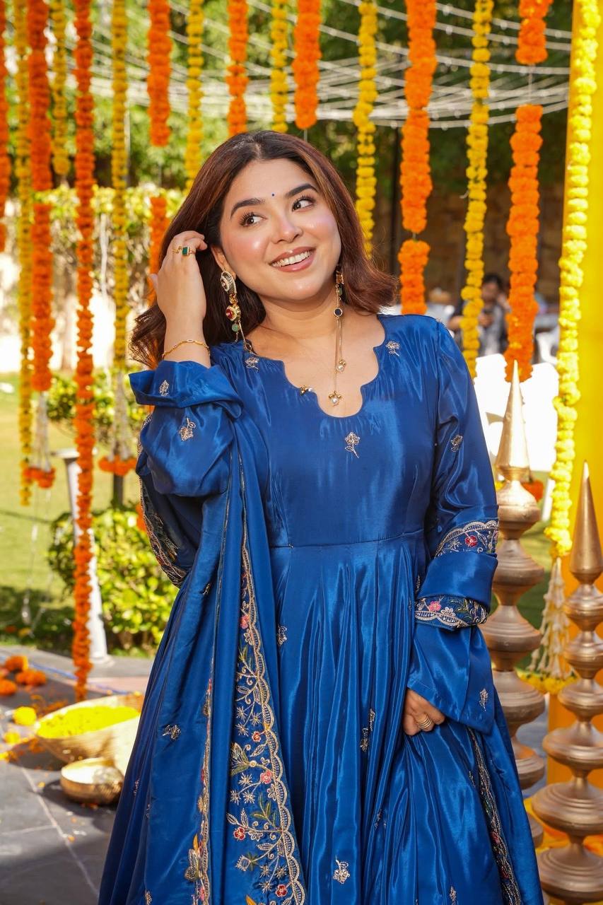 Yash Enterprise Blue Silk Party Wear Embroidery Anarkali Suit Set - Distacart