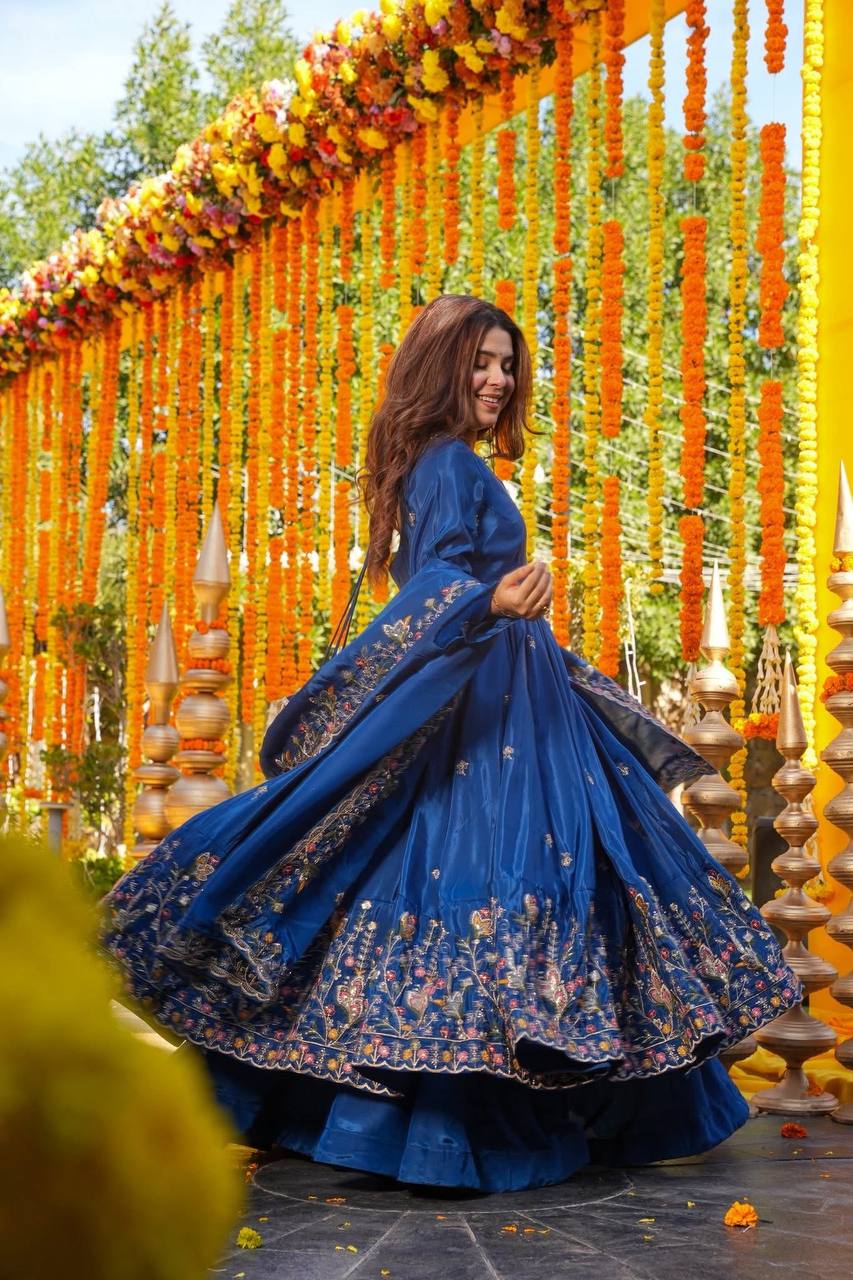Yash Enterprise Blue Silk Party Wear Embroidery Anarkali Suit Set - Distacart