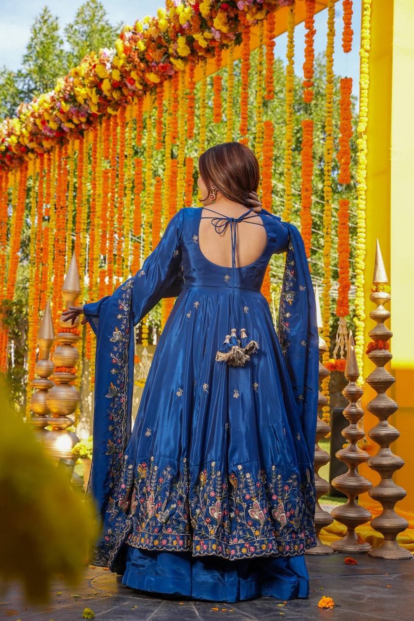 Yash Enterprise Blue Silk Party Wear Embroidery Anarkali Suit Set - Distacart
