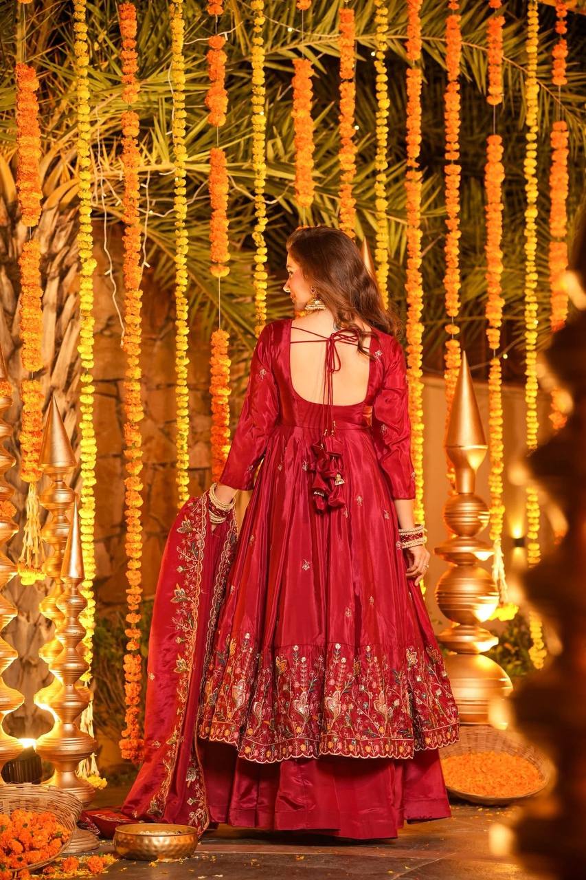 Yash Enterprise Red Silk Party Wear Embroidery Anarkali Suit Set - Distacart