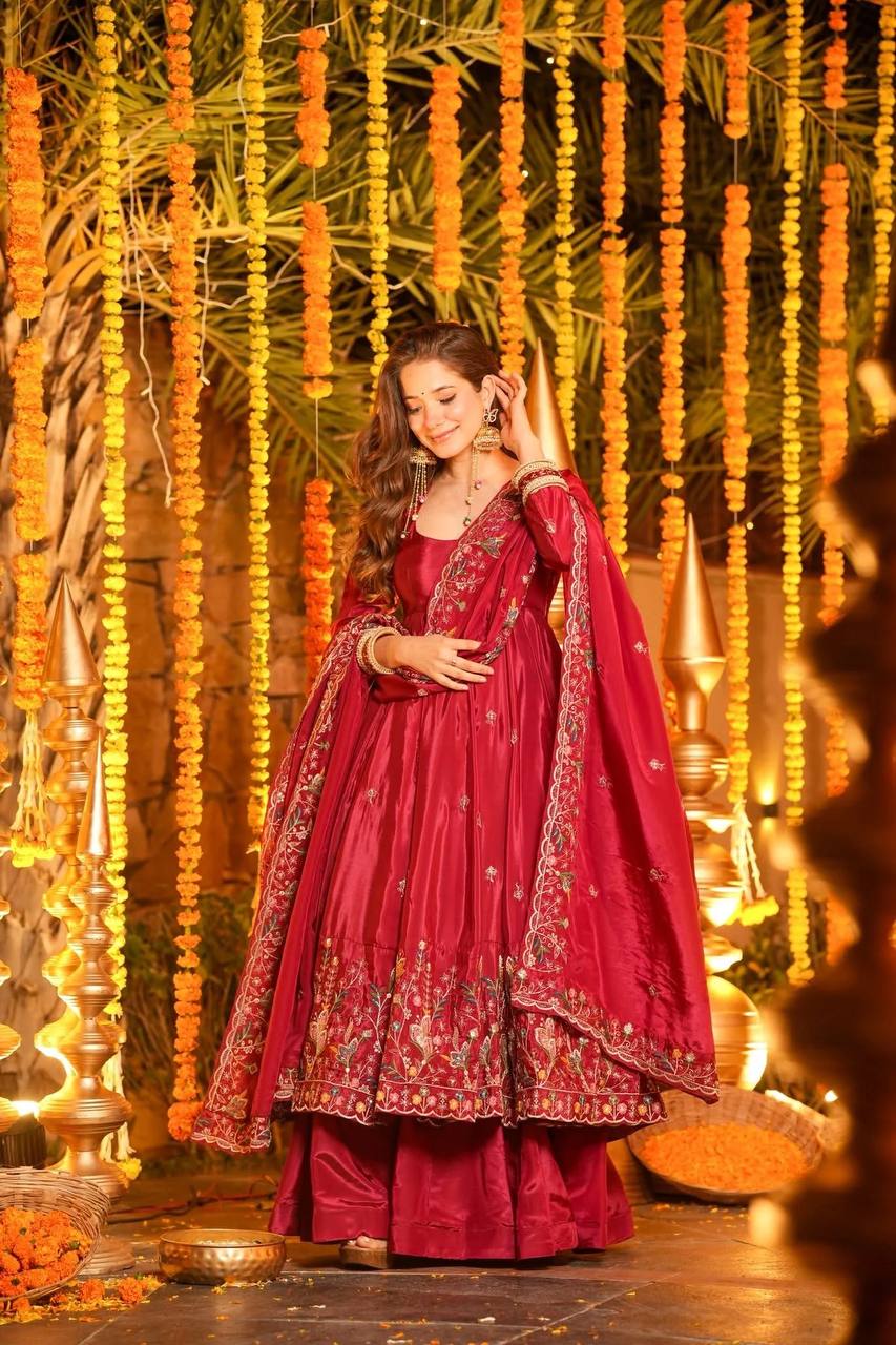 Yash Enterprise Red Silk Party Wear Embroidery Anarkali Suit Set - Distacart