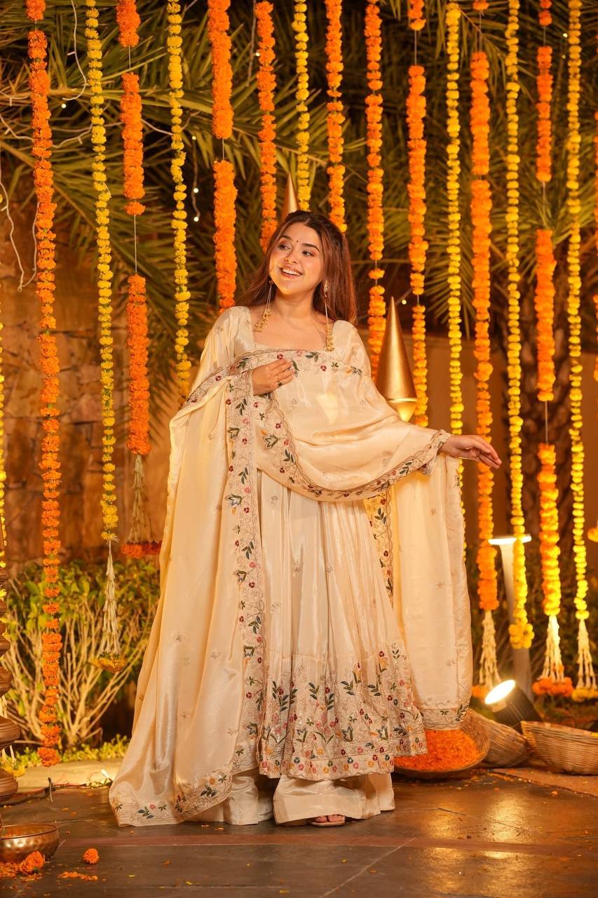 Yash Enterprise Off White Silk Party Wear Embroidery Anarkali Suit Set - Distacart