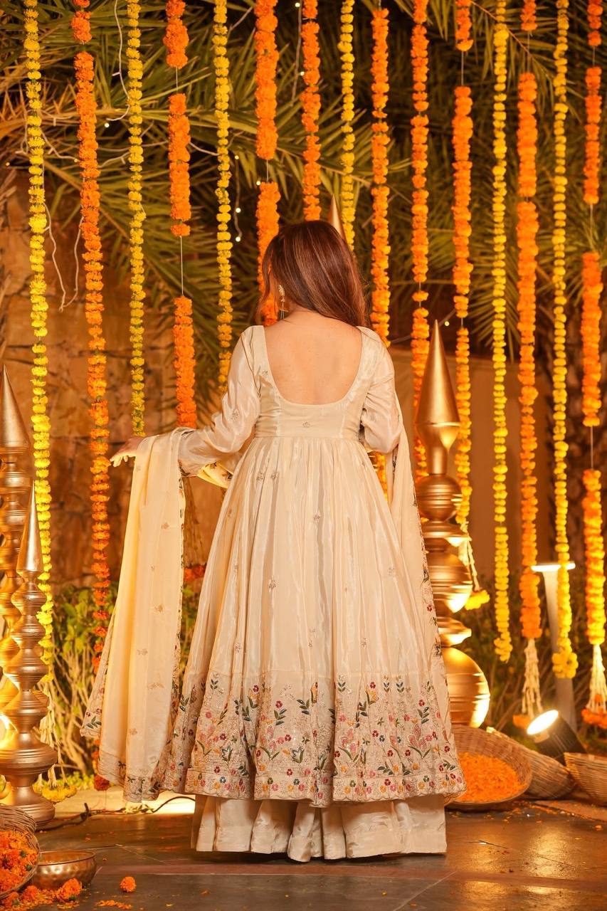 Yash Enterprise Off White Silk Party Wear Embroidery Anarkali Suit Set - Distacart
