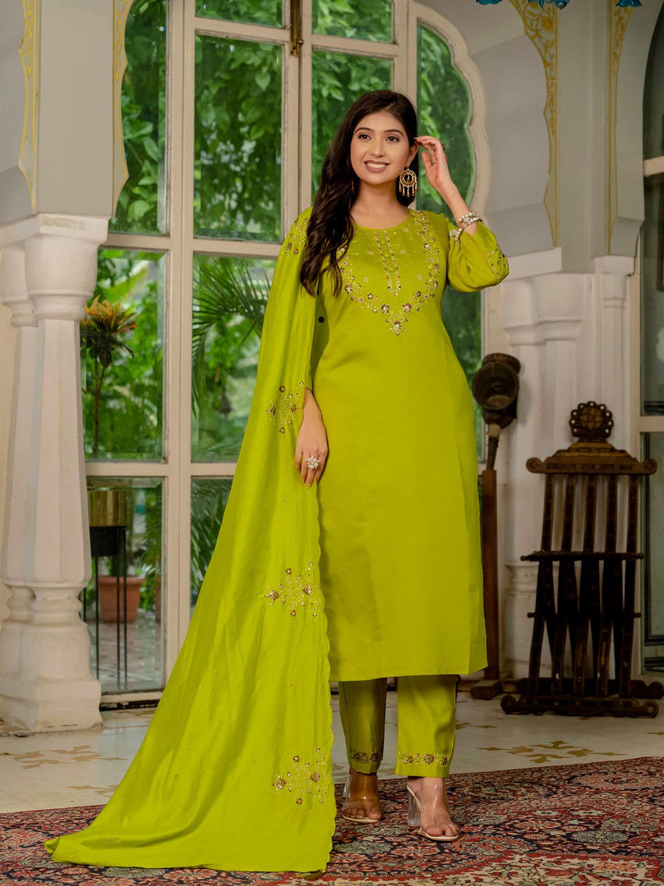 Pramukh Fab Lime Green Color Marina Silk Kurta Set - Distacart
