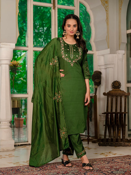 Pramukh Fab Dark Green Color Marina Silk Kurta Set