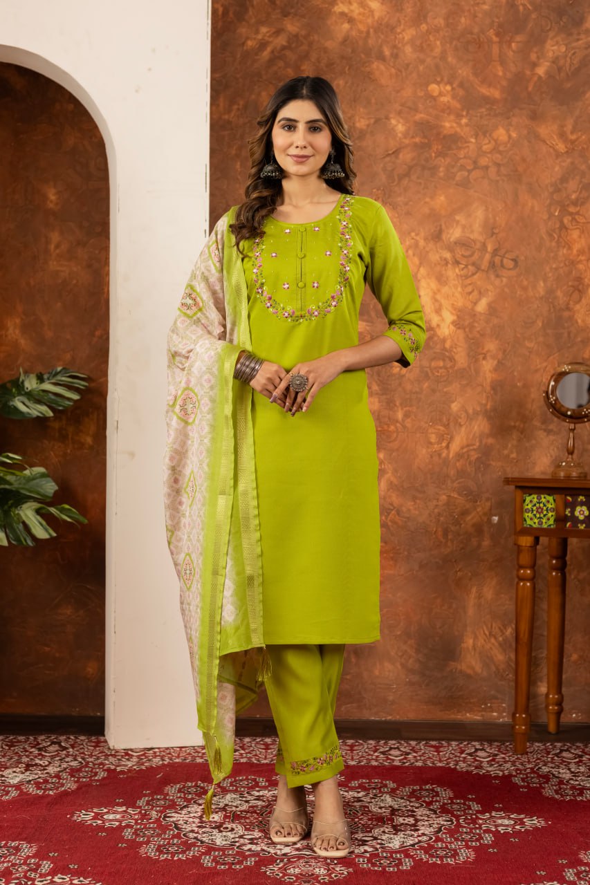 Pramukh Fab Parrot Green Color Marina Silk Kurta Set - Distacart
