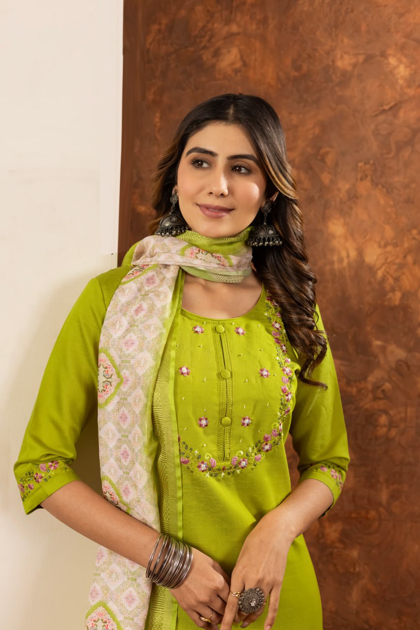 Pramukh Fab Parrot Green Color Marina Silk Kurta Set - Distacart