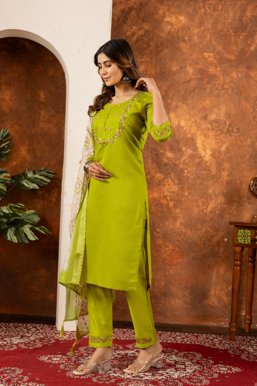 Pramukh Fab Parrot Green Color Marina Silk Kurta Set - Distacart