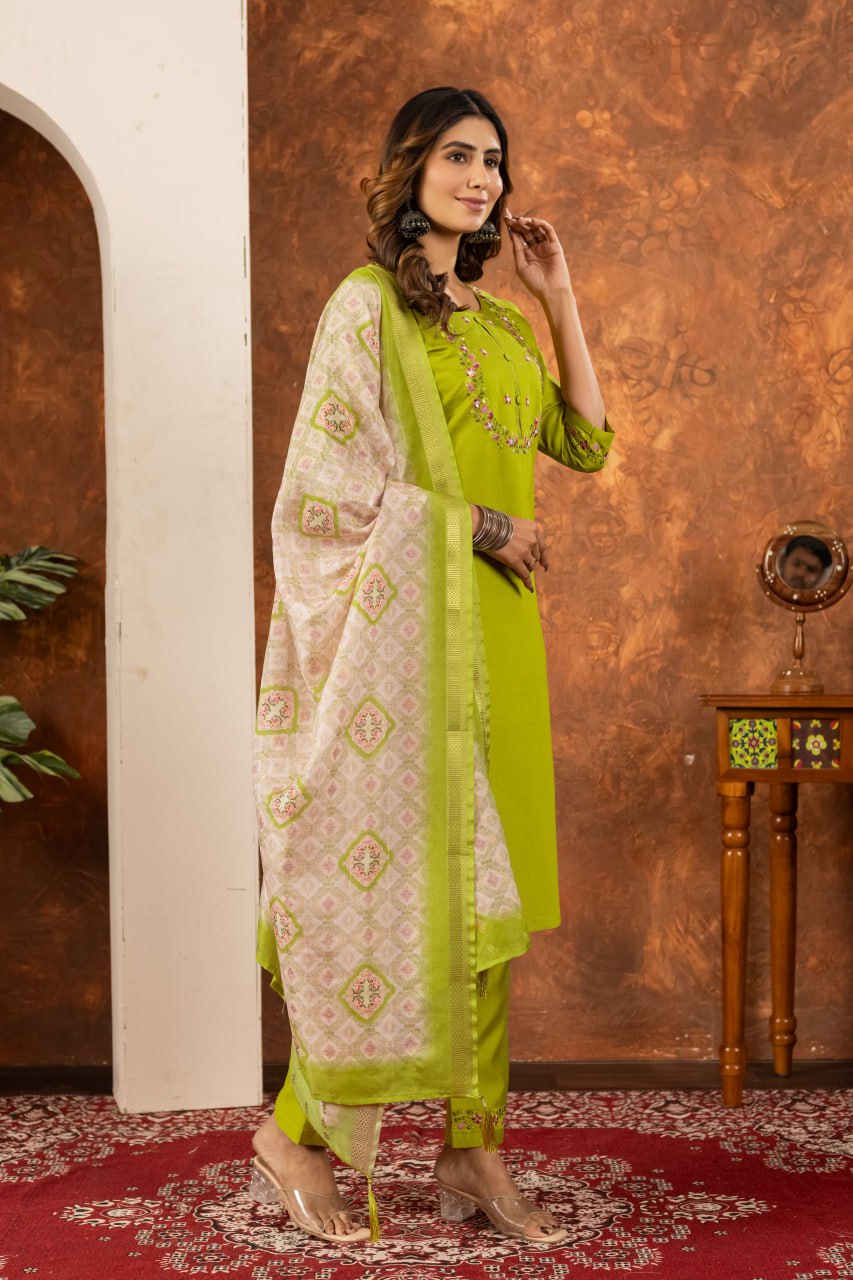 Pramukh Fab Parrot Green Color Marina Silk Kurta Set - Distacart