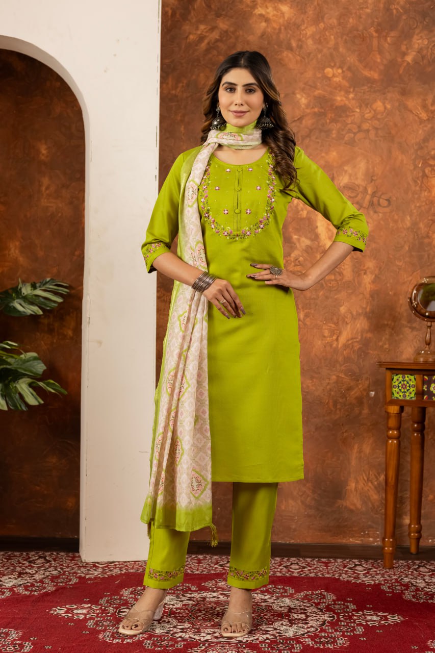 Pramukh Fab Parrot Green Color Marina Silk Kurta Set - Distacart