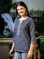 Yufta Blue Cotton Geometric Print Regular Top