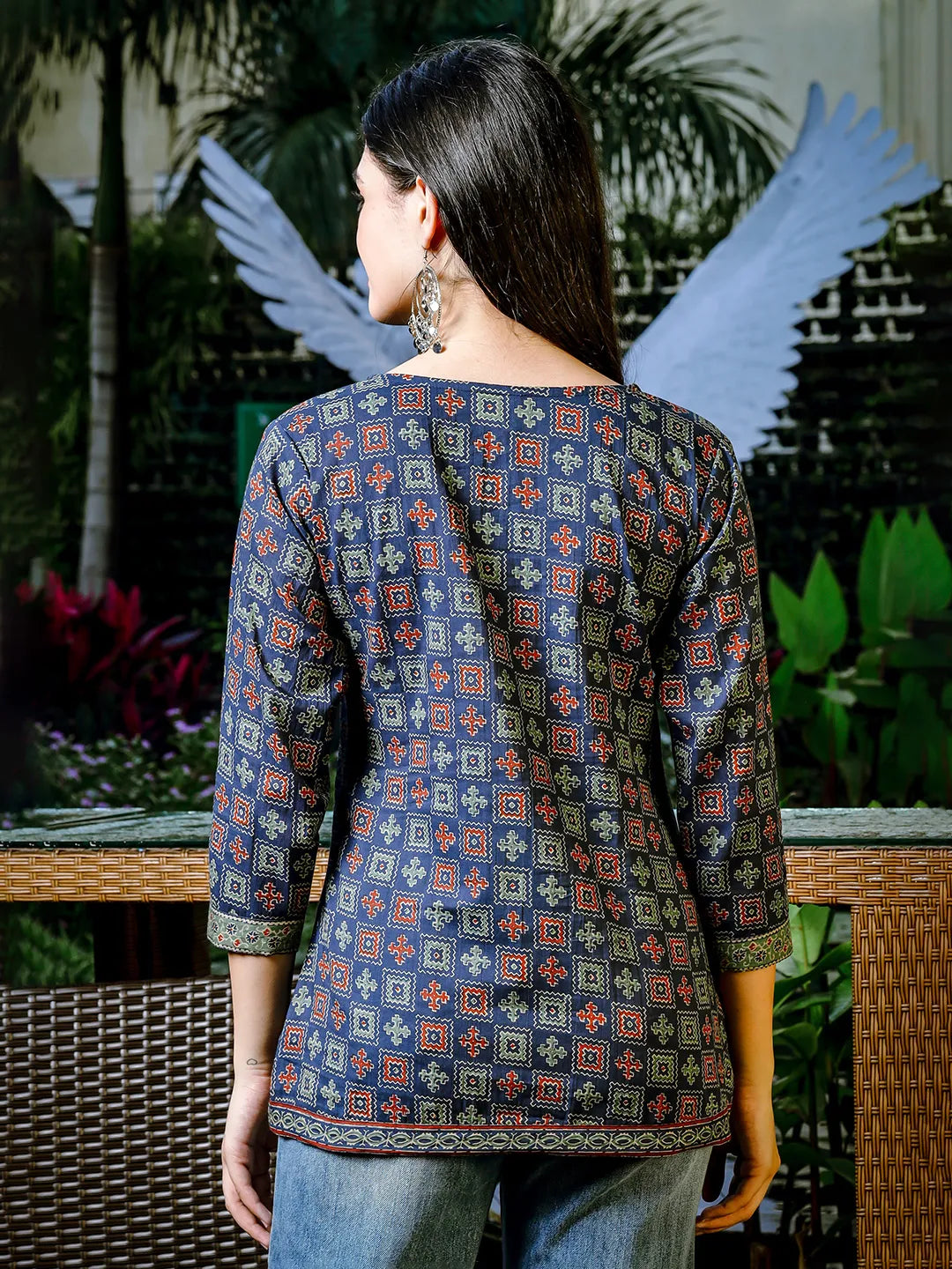 Yufta Blue Cotton Geometric Print Regular Top