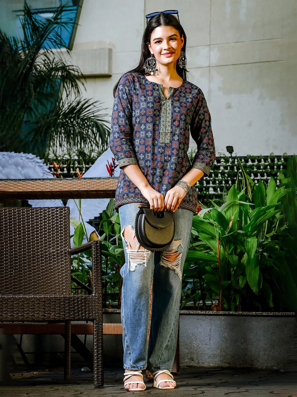 Yufta Blue Cotton Geometric Print Regular Top