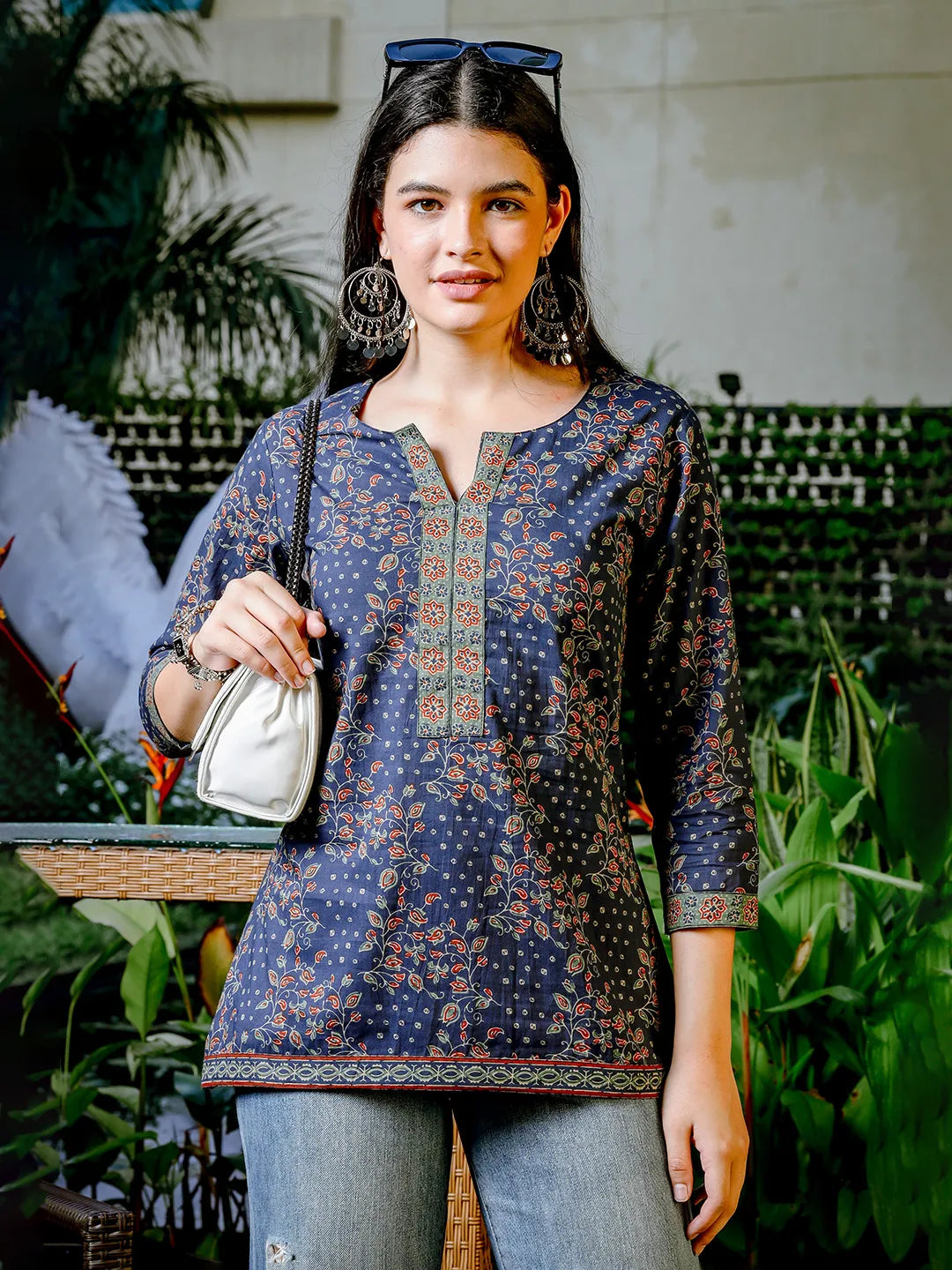 Yufta Blue Cotton Floral Print Regular Top