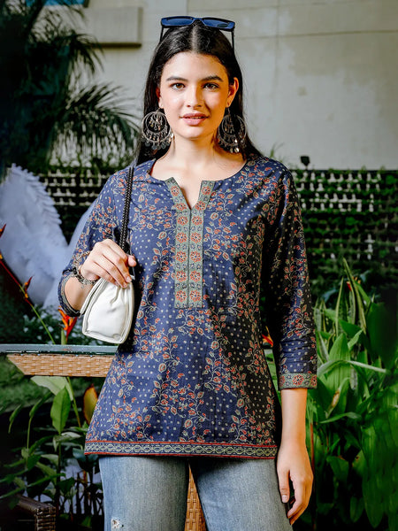 Yufta Blue Cotton Floral Print Regular Top