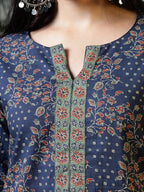 Yufta Blue Cotton Floral Print Regular Top