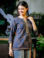 Yufta Blue Cotton Floral Print Regular Top