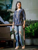 Yufta Blue Cotton Floral Print Regular Top