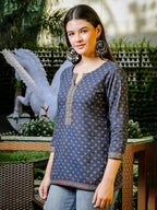 Yufta Blue Cotton Geometric Regular Top