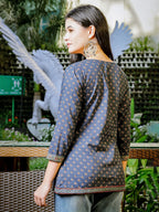 Yufta Blue Cotton Geometric Regular Top