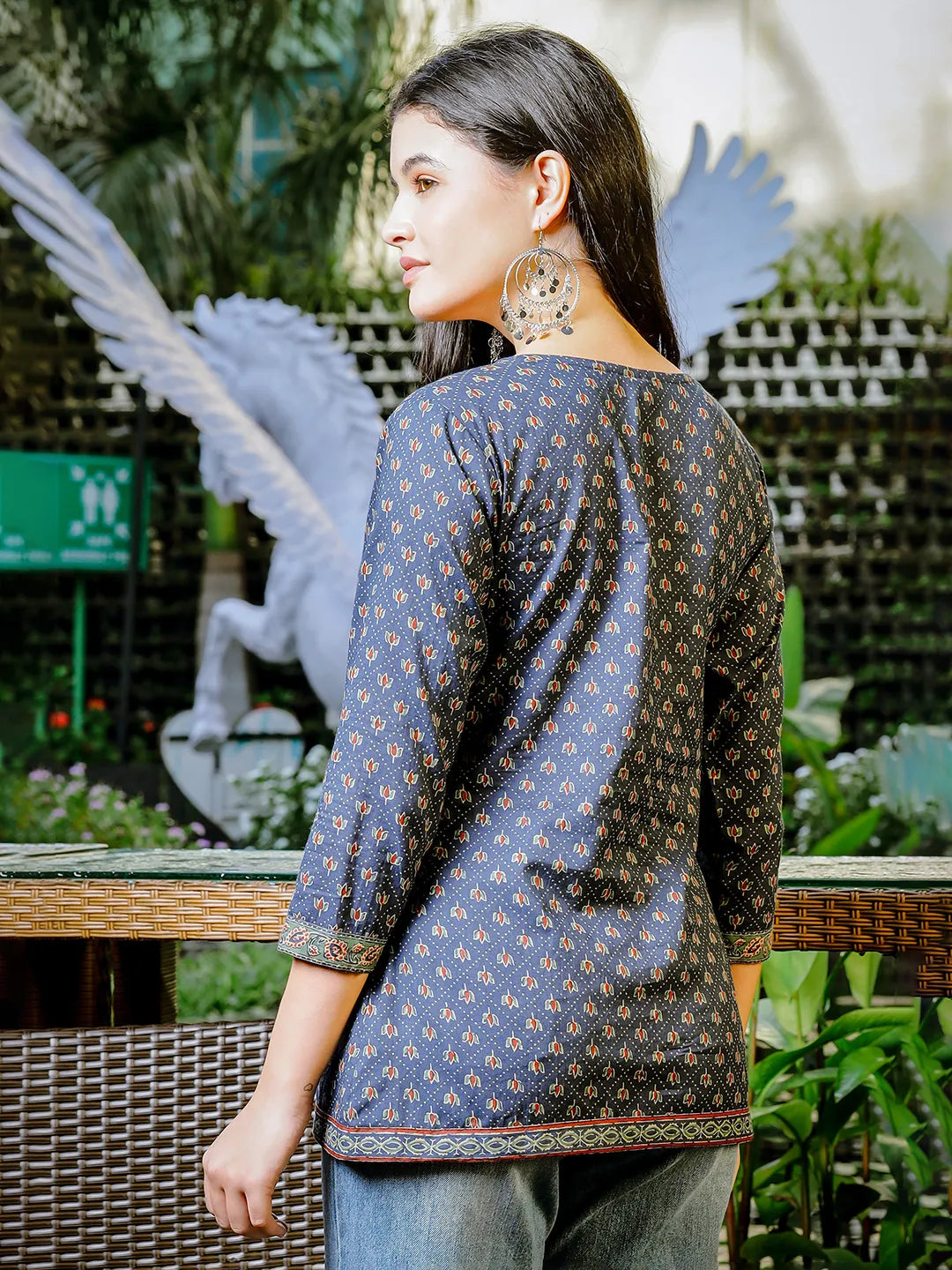 Yufta Blue Cotton Geometric Regular Top