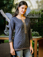 Yufta Blue Cotton Geometric Regular Top