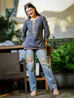 Yufta Blue Cotton Geometric Regular Top