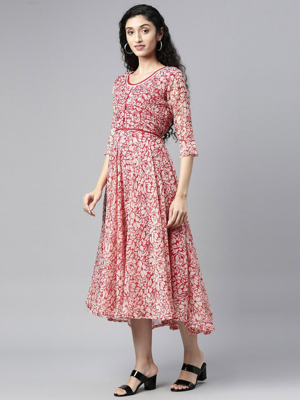 Souchii White & Red Floral Layered Chiffon Beautiful Midi Dress - Distacart