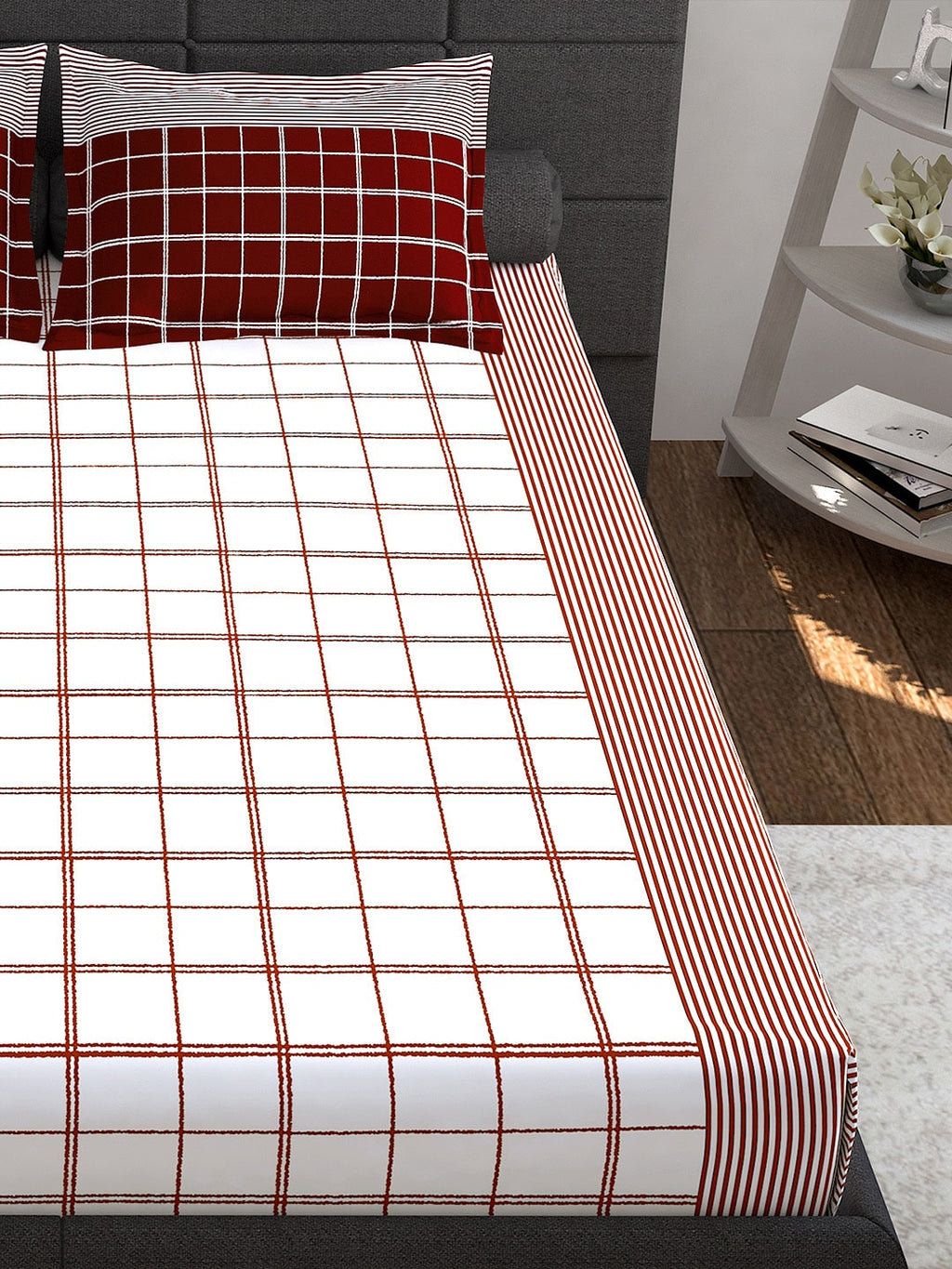 Story@home Maroon & White Geometric 152 TC Queen Bedsheet with 2 Pillow Covers