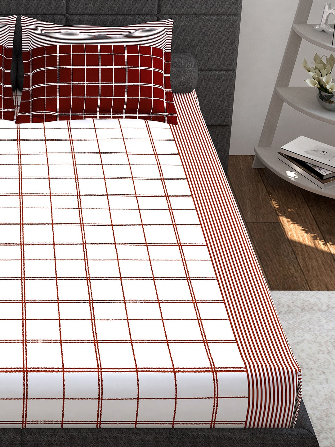 Story@home Maroon & White Geometric 152 TC Queen Bedsheet with 2 Pillow Covers