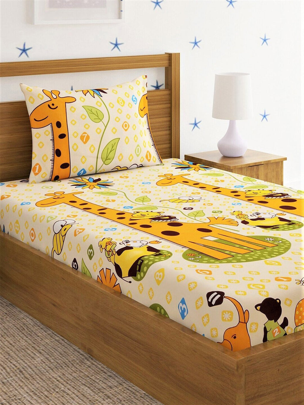 Home Sizzler Yellow & Orange Cartoon Characters 210 TC Single Bedsheet with 1 Pillow Covers