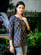 Yufta Blue Cotton Floral Block Print Regular Top