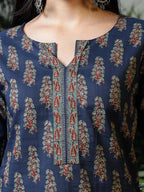 Yufta Blue Cotton Floral Block Print Regular Top