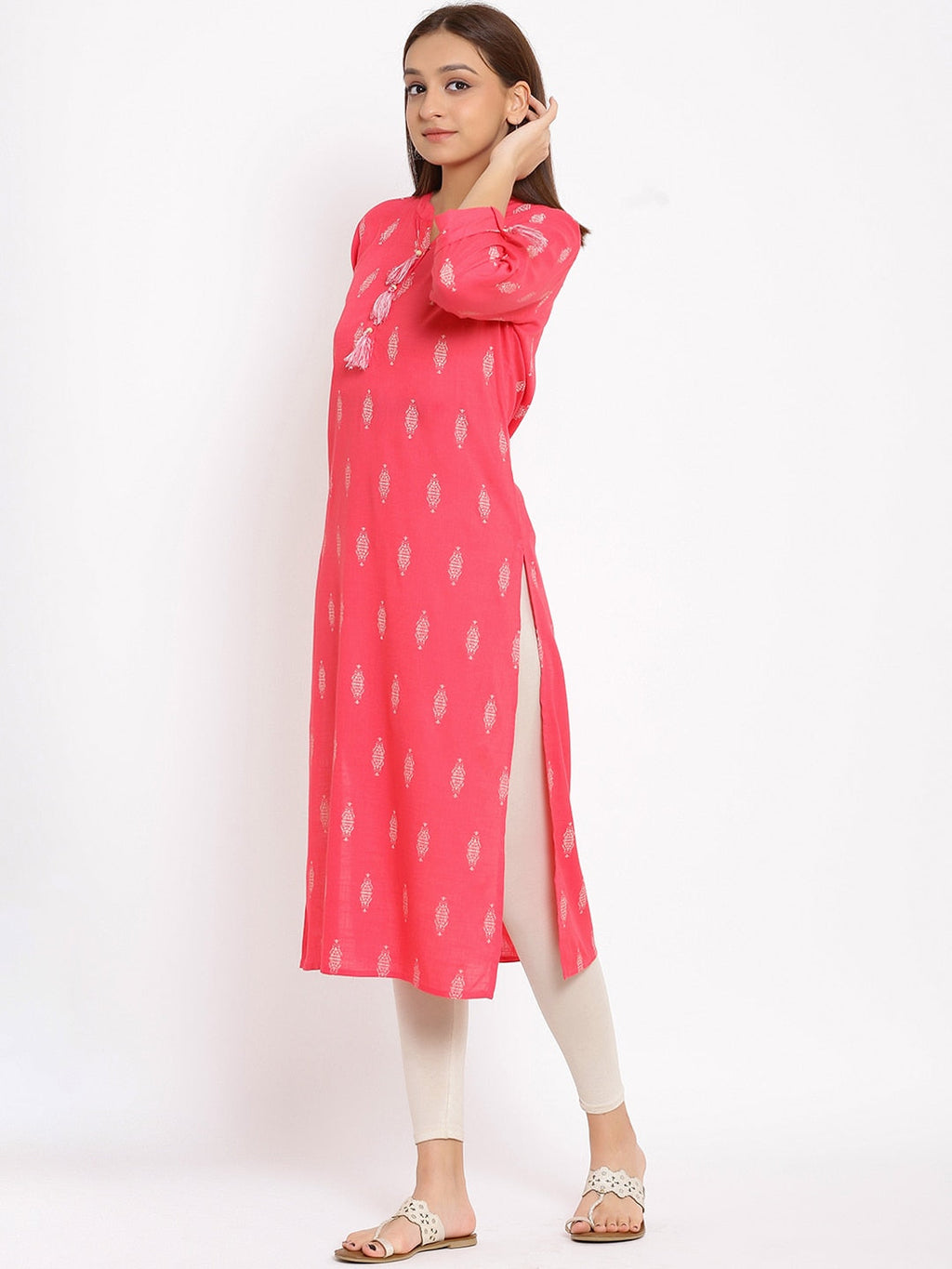 HERE&NOW Pink Mandarin Collar Ethnic Motifs Printed Pure Cotton Kurta