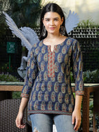 Yufta Blue Cotton Paisley Print Regular Top